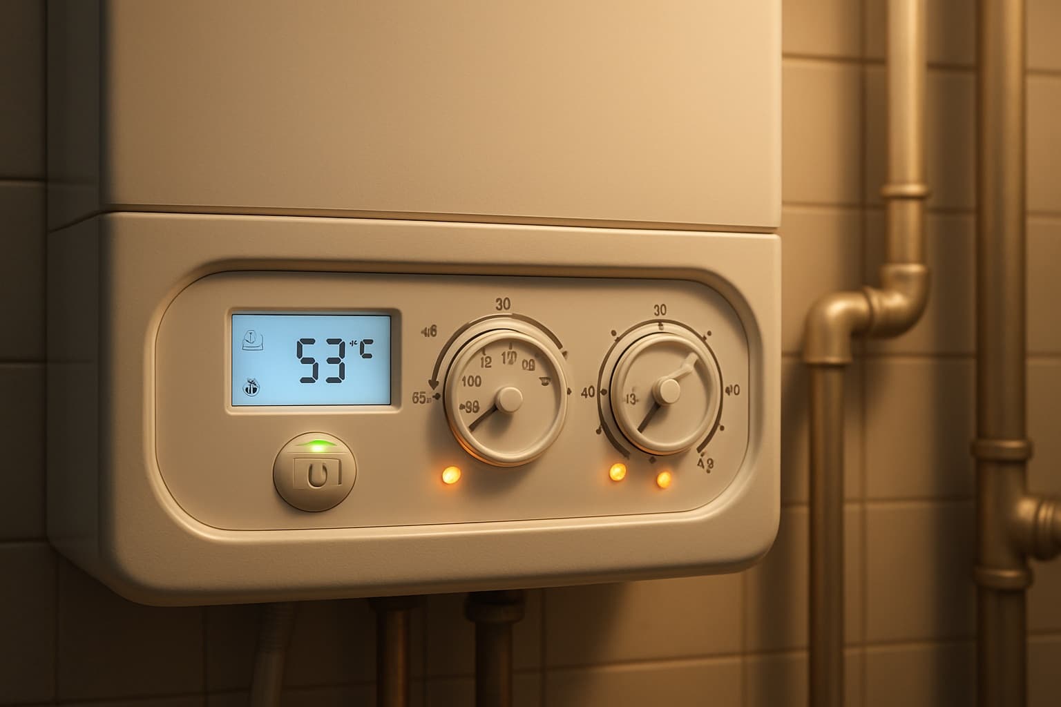 Close-up of modern boiler control panel displaying 53 degrees Celsius with copper pipes