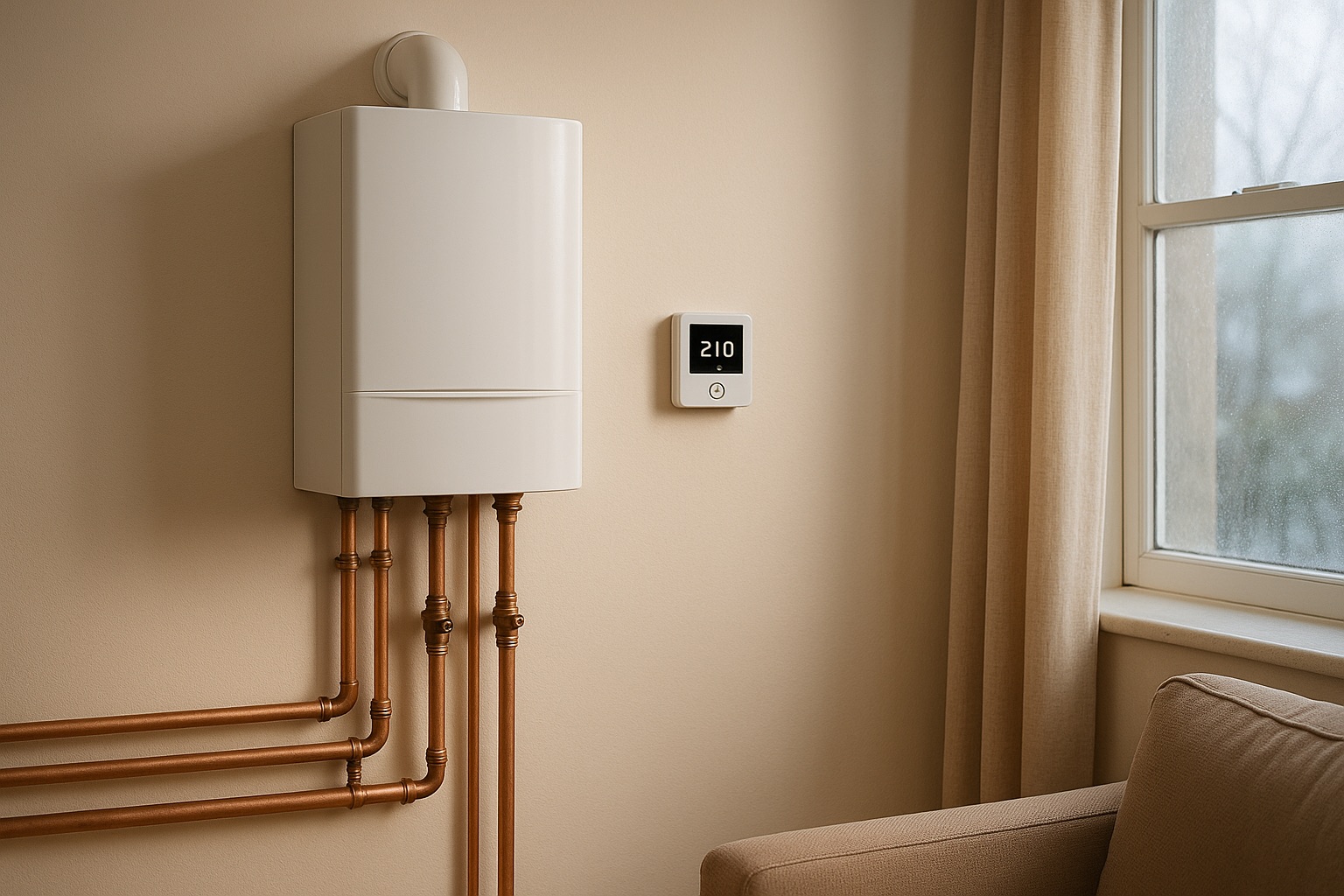 Modern home boiler connected to copper heating pipes and digital thermostat