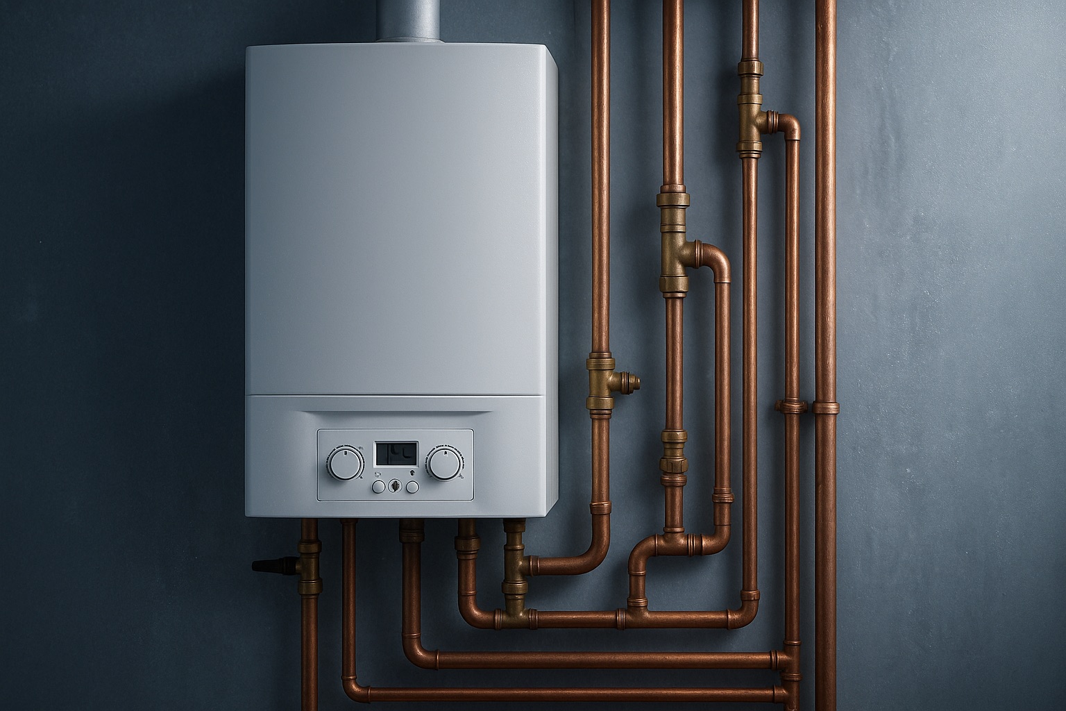 Modern gas boiler system with copper piping mounted on a dark wall