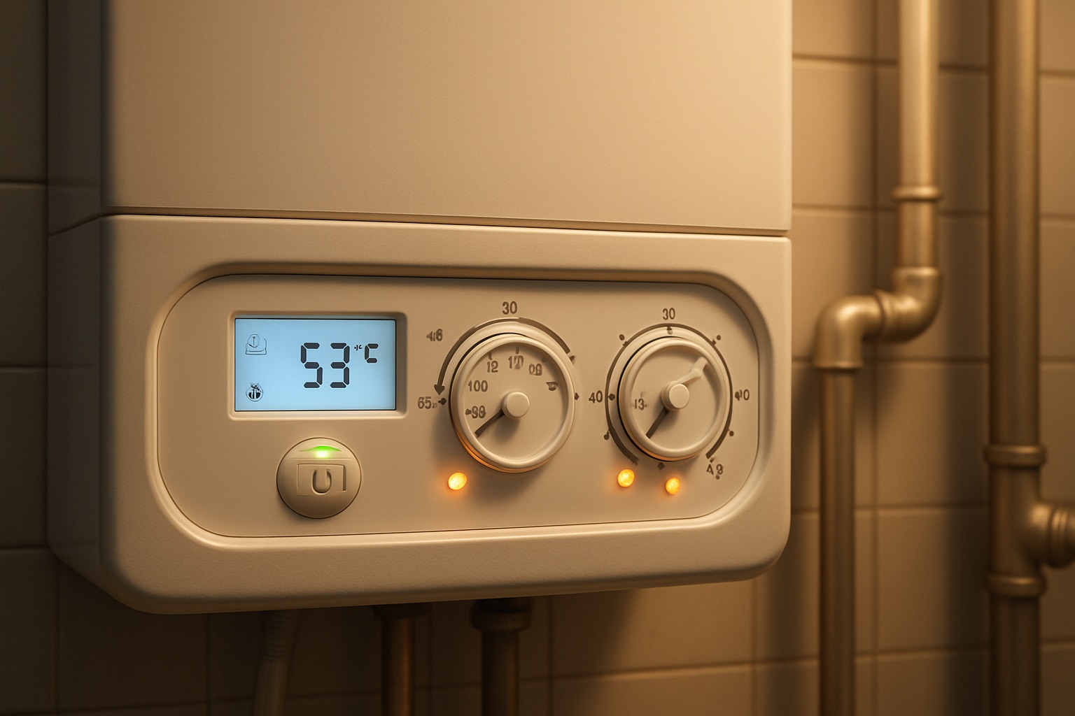 Close-up of modern boiler control panel displaying 53 degrees Celsius with copper pipes
