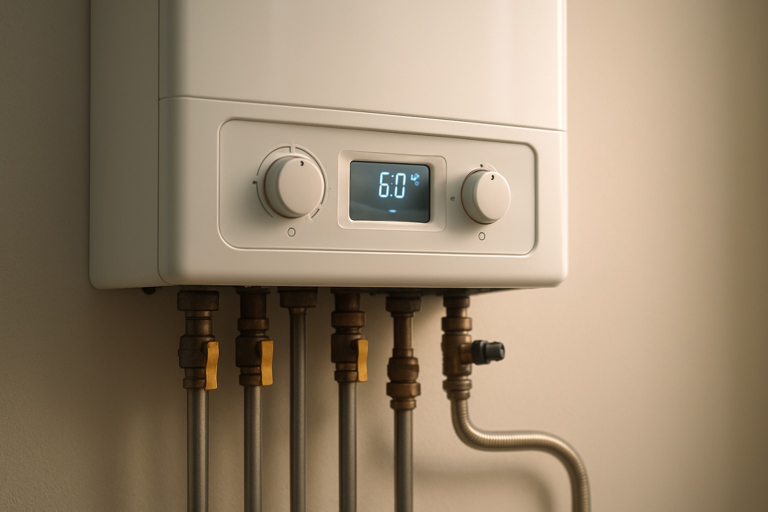 Close-up of a modern gas boiler display showing temperature during inspection