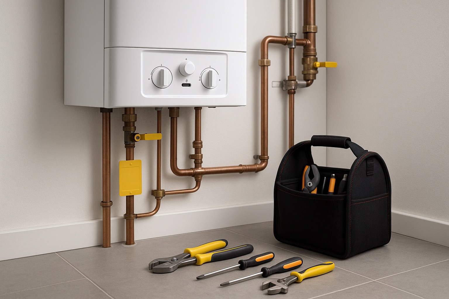 Gas boiler with copper pipes and essential safety tools placed on the floor
