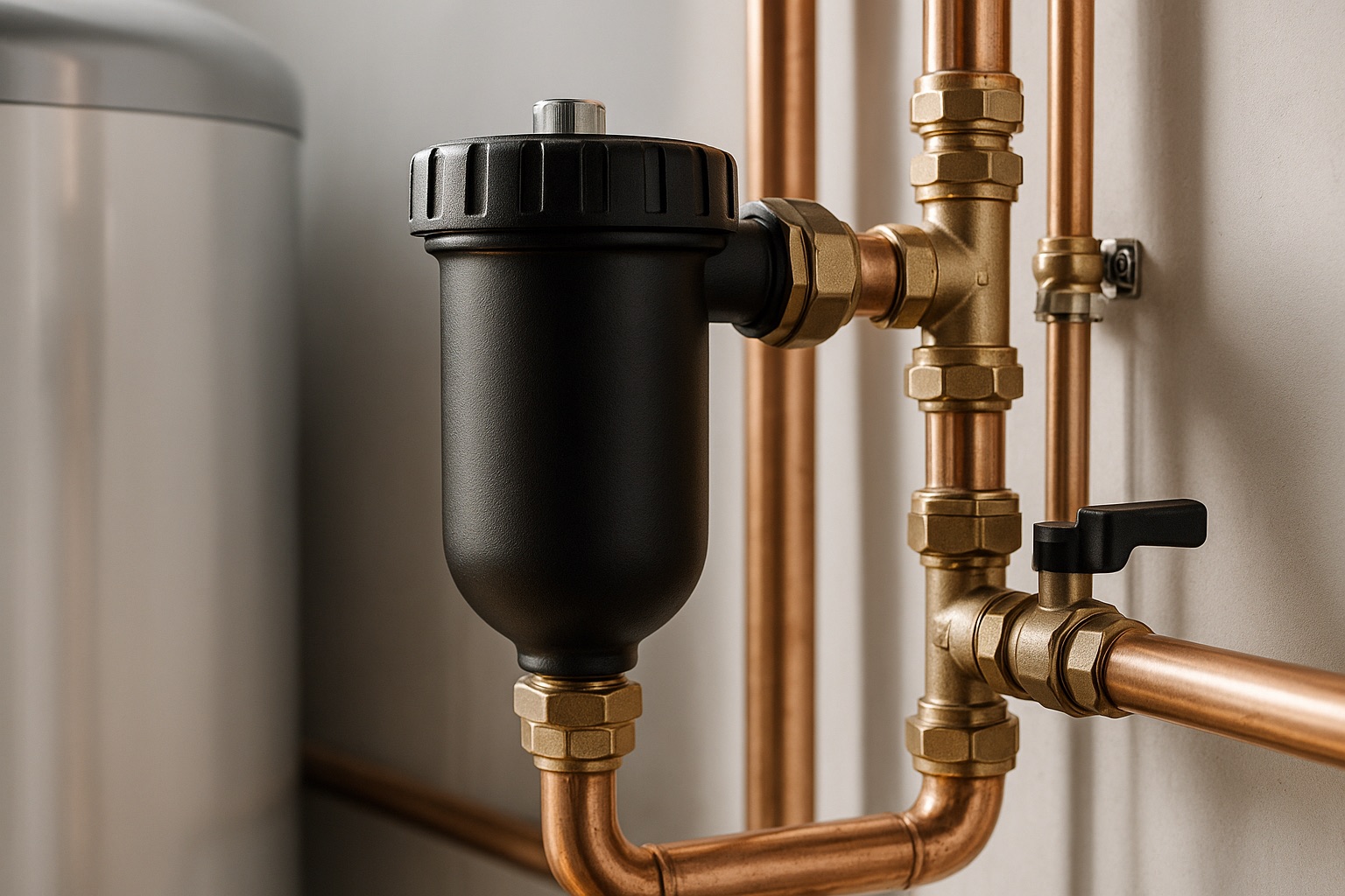 Close-up of magnetic filter protecting heating system from sludge